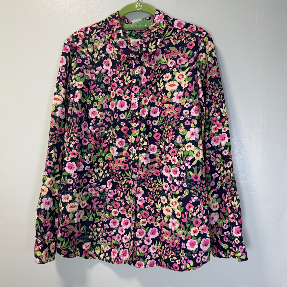 Appleseed's Womens Navy‎ Pink Floral Cotton Button Down Shirt Limited Edition
